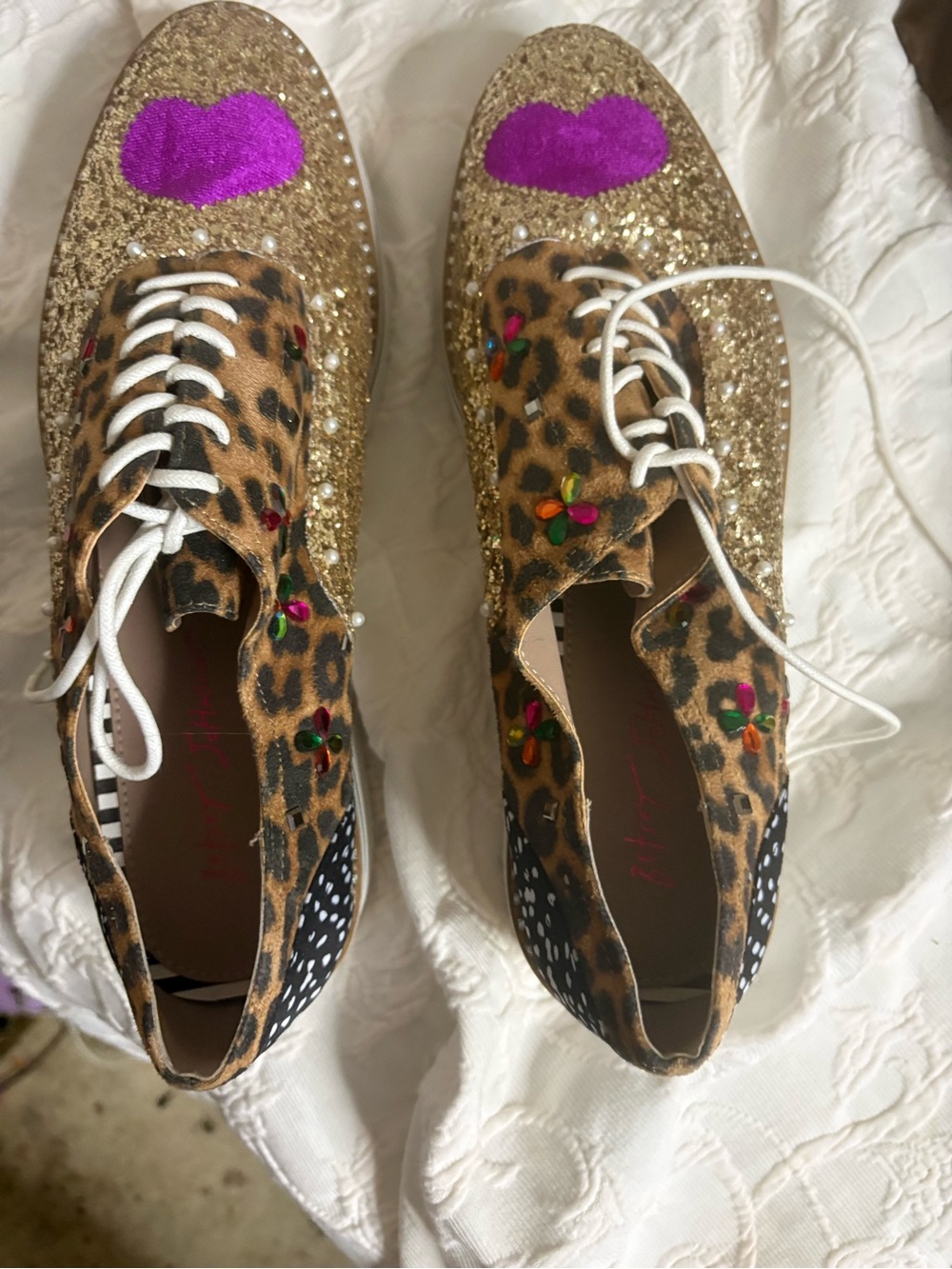 Betsey Johnson Gold Glitter Leopard Lace-Up Flats with Purple Heart